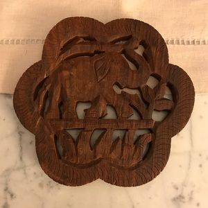 Carved wood elephant trivet from India 6x6